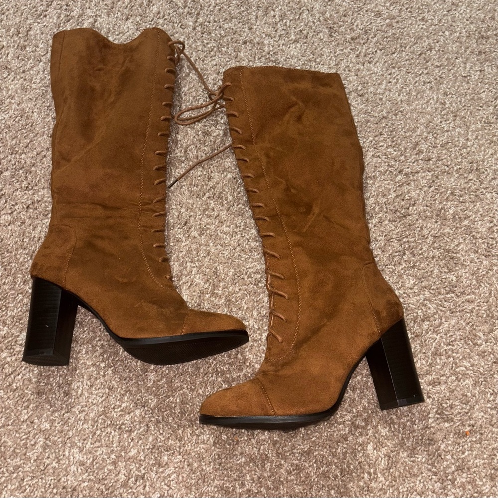 Chic Tan Lace-Up High Heel Boots - NEVER BEEN WORN